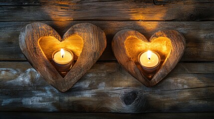 Canvas Print - Glowing heart candle arrangement on a vintage wooden surface, with warm tones creating a romantic mood