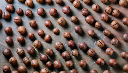 Fototapete - Background featuring macadamia nut texture, showcasing their smooth surface and creamy beige color. Ideal for healthy snacks, baking, or natural food concepts. Texture, background.