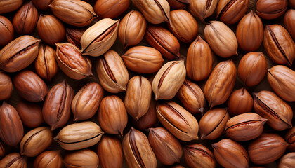 Fototapete - Background featuring pecan texture, showcasing their smooth surface and rich brown color. Ideal for healthy snacks, baking, or natural food concepts. Texture, background.