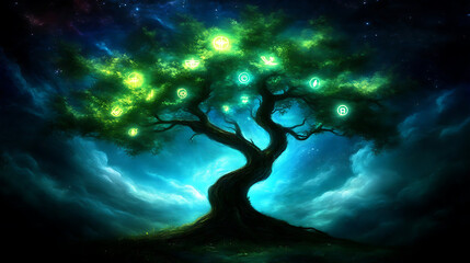 Wall Mural - mystical glowing tree of knowledge under a starry night sky fantasy dreamscape illustration