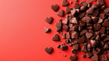 Canvas Print - Heart-shaped chocolate pieces scattered on a vibrant red background, perfect for Valentine's Day.