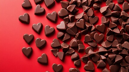 Canvas Print - Heart-shaped chocolate pieces scattered on a vibrant red background, perfect for Valentine's Day.