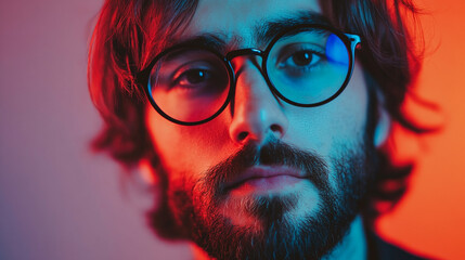 Intense portrait of a bearded man with glasses, bathed in vibrant red and blue lighting, showcasing a captivating gaze and modern style.