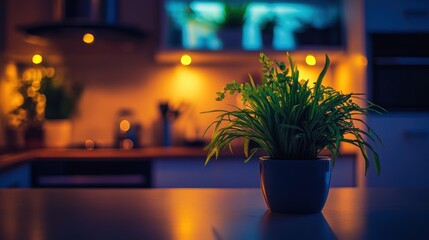 Wall Mural - Indoor Plant Illuminated at Night with Soft Kitchen Lighting