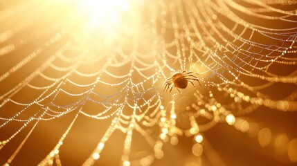 Dew-kissed spiderweb sunrise; nature background