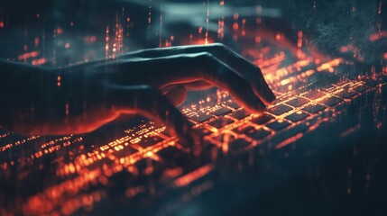 Cyber hacker typing on glowing keyboard, data stream background