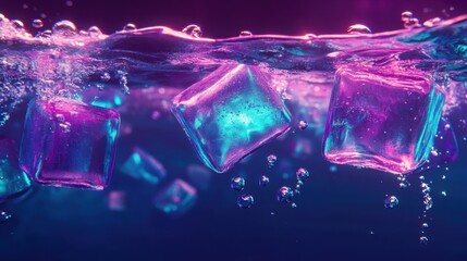 Wall Mural - Neon-toned ice cubes underwater, with glowing edges and bubbles rising to the surface, creating a futuristic, vibrant vibe