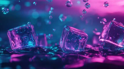 Wall Mural - Neon-toned ice cubes underwater, with glowing edges and bubbles rising to the surface, creating a futuristic, vibrant vibe