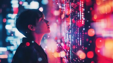Woman viewing futuristic data display, city background; tech, innovation concept