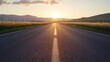 © MOPP - A tranquil road stretches towards a golden sunset, flanked by green fields and mountains, evoking a sense of adventure and serenity.
