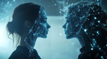 Women facing, digital overlay, connection, future tech, abstract background, for AI concept