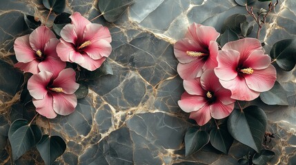 Wall Mural - Pink Hibiscus on Gray Marble Background