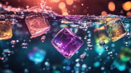 Wall Mural - Rainbow ice cubes submerged in clear water, surrounded by dancing bubbles and illuminated by refracted light for a dynamic scene