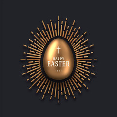 Wall Mural - Easter greeting card design. 3d golden egg with type design and sunburst. Vector illustration.