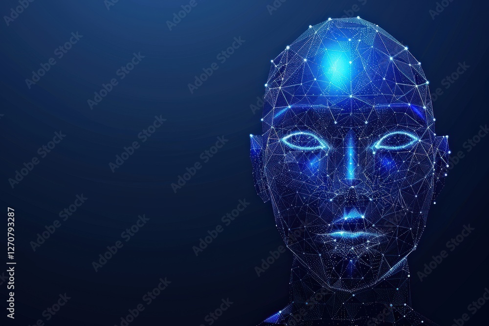 Futuristic human face created with glowing blue digital connections ...