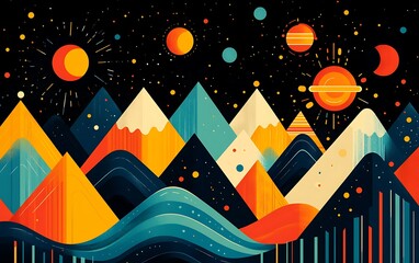 Wall Mural - Colorful mountains at night with celestial objects, for inspirational poster backgrounds