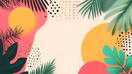 Wall Mural - Tropical leaves, circles, colorful patterns background for summer theme or graphic design use