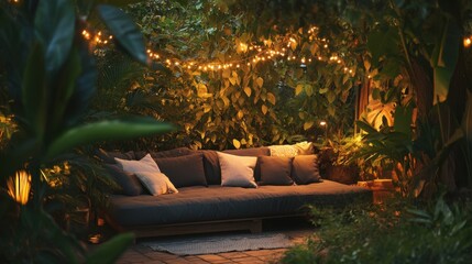 Sticker - Relaxing outdoor space with a cushioned sofa and soft fairy lights, surrounded by lush plants and a tranquil garden vibe