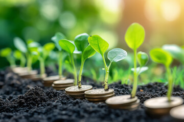 Seedlings growing on coins, symbolizing economic growth, investment, sustainability, and financial success in agriculture