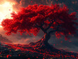 © wing - majestic tree with a dense canopy of vibrant red leaves, surrounded by a misty, golden-lit forest. The tree's sturdy roots are partially exposed, and the ground is scattered with fallen red leaves.