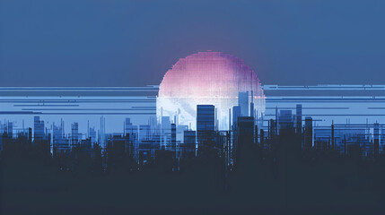 Futuristic city skyline at sunset with digital elements and vibrant colors in the background