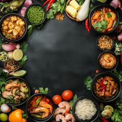 Wall Mural - Thai Food Background with Ingredients on Black Table