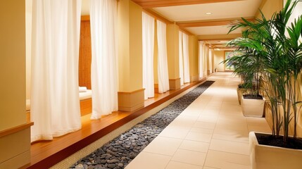 Wall Mural - Serene spa corridor with soft lighting, flowing curtains, and calming plant decor