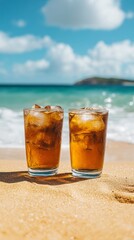 Wall Mural - Refreshing iced drinks on a sunny beach with crashing waves in the background