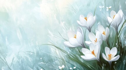 Canvas Print - White crocus flowers blooming on a soft, bright background symbolizing spring renewal.