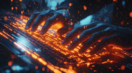 Hands typing glowing keyboard, futuristic rain background, digital work