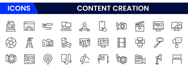 Set Content Creator line web icons, media. Linear icon collection.