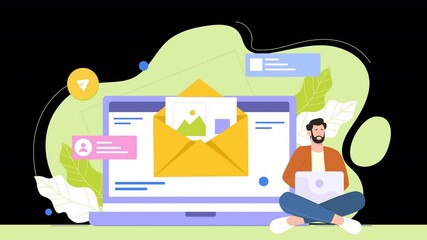 Flat character animation showing individuals using email services, from composing messages to organizing inboxes, highlighting the ease and efficiency of digital communication.