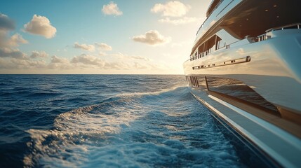 Sticker - Luxury yacht gliding across the waves at sunset near coastal city