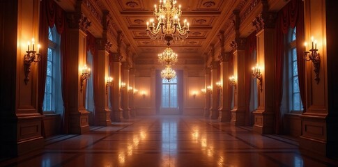 Wall Mural - Grand hall with chandeliers sparkling in the night, crystal, light