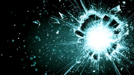 Wall Mural - shards of light fractured glass explosion with debris splintering against a black void background