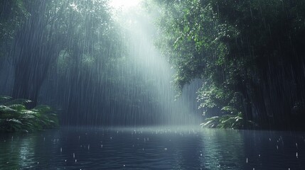 Wall Mural - Rain falls gently in a serene forest setting with sunlight breaking through the trees