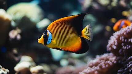 Wall Mural - Beautiful butterfly fish swimming among colorful coral in a vibrant underwater ecosystem