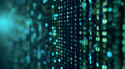 Abstract representation of binary code cascading down in a digital environment with glowing effects