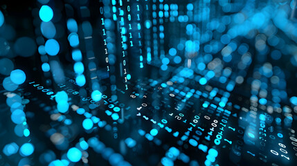 Abstract digital background with binary code and glowing blue particles, creating a tech atmosphere