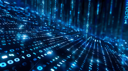 Abstract digital landscape with flowing binary code, representing data streams and technology