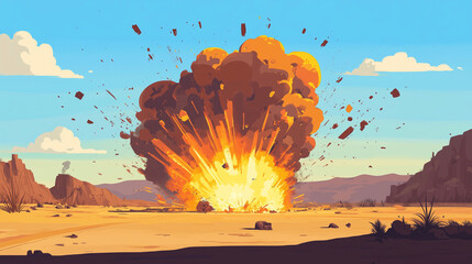 cartoon illustration bomb blast explosion in desert