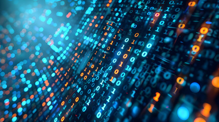 Abstract representation of digital data flow with vibrant binary code and glowing particles