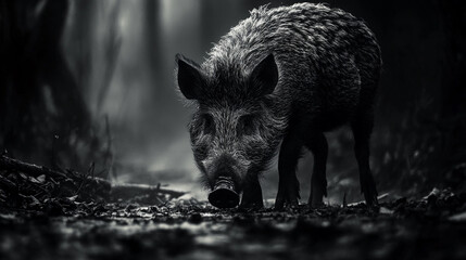 Wall Mural - Monochrome close-up of a wild boar in a forest, captured in a dramatic, high-contrast black and white rendering.