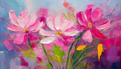 Wall Mural - Abstract spring or summer flowers, pink acrylic painting on canvas. Oil painting, brush strokes.