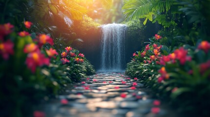 Wall Mural - Waterfall cascading over rocks surrounded by vibrant flowers in a serene garden setting