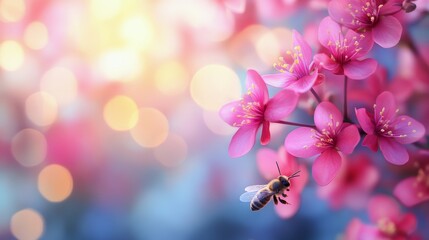 Canvas Print - Bumblebee collecting nectar from pink flowers in a vibrant garden during a sunny day