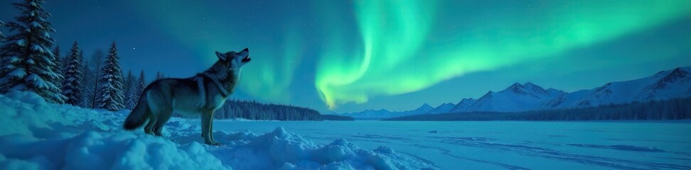  Wolves in the frozen tundra howling at the northern lights, landscape, wolves, winter