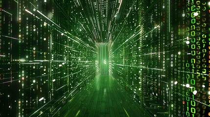 Wall Mural - futuristic digital tunnel with flowing green binary code, symbolizing technology and data