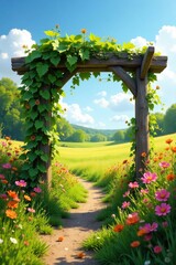 Wall Mural - Wooden arbour with vines and flowers in a sunny meadow, sunny, wood, field