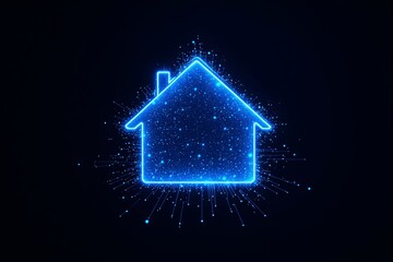 Wall Mural - glowing house outline with blue digital particles on dark background.